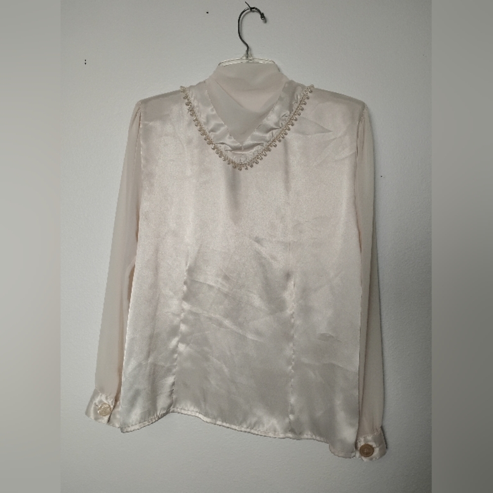 Vintage Nicola Satin Button Up Bead Shawl Collar Sheer Long Sleeve - Picture 4 of 5
